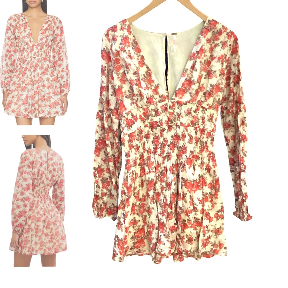 Free People Keep You Floral V-Neck Long Sleeve Smocked Cottage Cotton Mini Dress